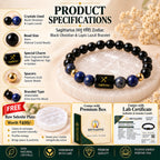 Sagittarius bracelet product specifications showing black obsidian and lapis lazuli crystals, 8mm bead size, gold spacers, Sagittarius charm, premium packaging, and free raw selenite plate worth ₹499.