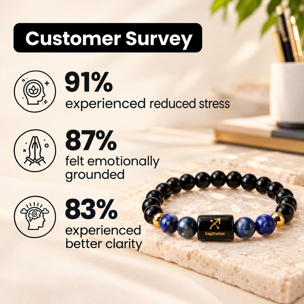 Sagittarius zodiac bracelet displayed alongside customer survey percentages relating to stress, emotional grounding, and mental clarity.