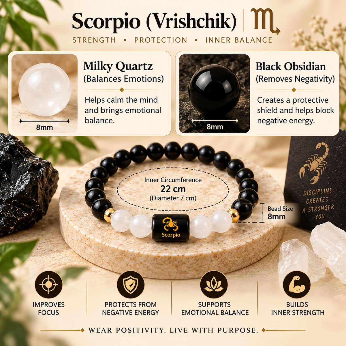 Scorpio bracelet with 8mm Black Obsidian and Milky Quartz beads, 22cm inner circumference and 7cm diameter