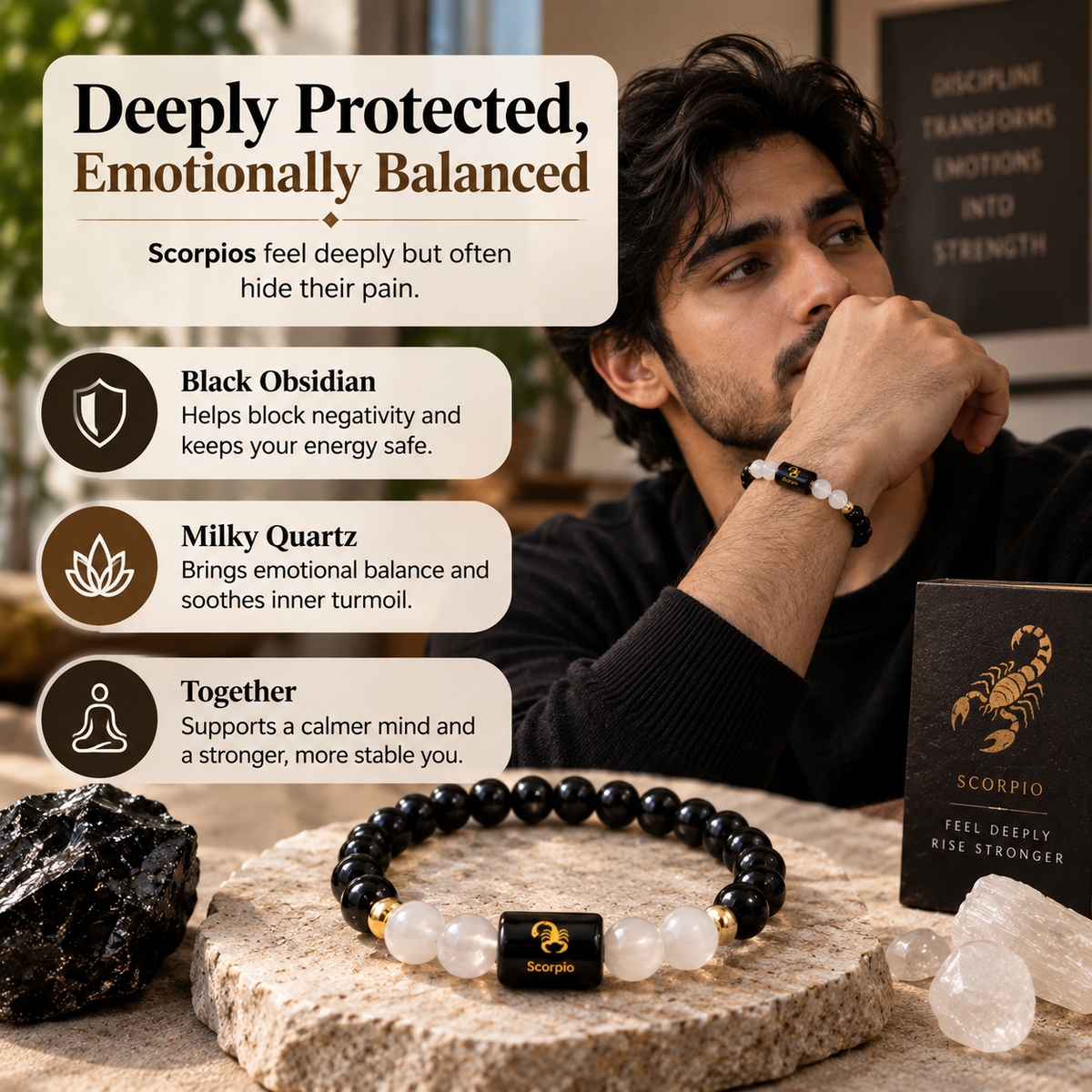 Scorpio Black Obsidian and Milky Quartz bracelet supporting emotional balance and protection