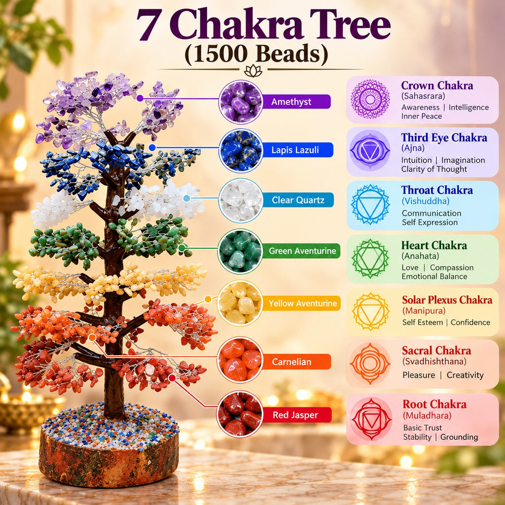 Seven chakra tree infographic illustrating seven colored gemstones, chakra energy centers and their associated qualities
