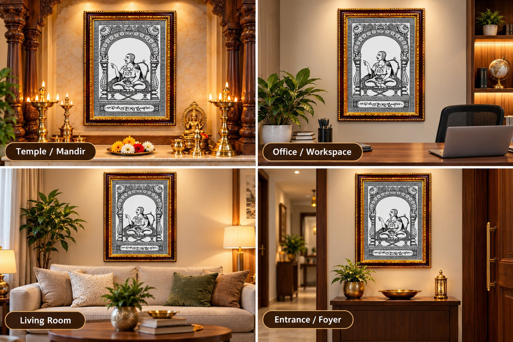 Sri Raghavendra Swamy Rayara Ji framed devotional portrait displayed in a home interior