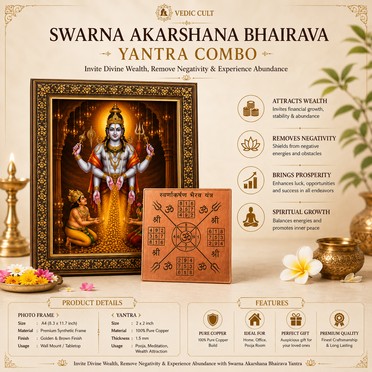 Swarna Akarshana Bhairava Photo & Yantra Combo for wealth, prosperity, and positive energy