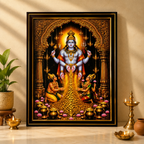 Swarna Akarshana Bhairava Vastu Frame featuring a divine four-armed deity, golden coins, ornate temple arch, brass diyas and traditional spiritual decor for home and office.