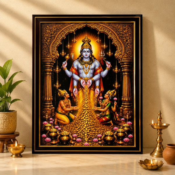 Swarna Akarshana Bhairava Vastu Frame featuring a divine four-armed deity, golden coins, ornate temple arch, brass diyas and traditional spiritual decor for home and office.