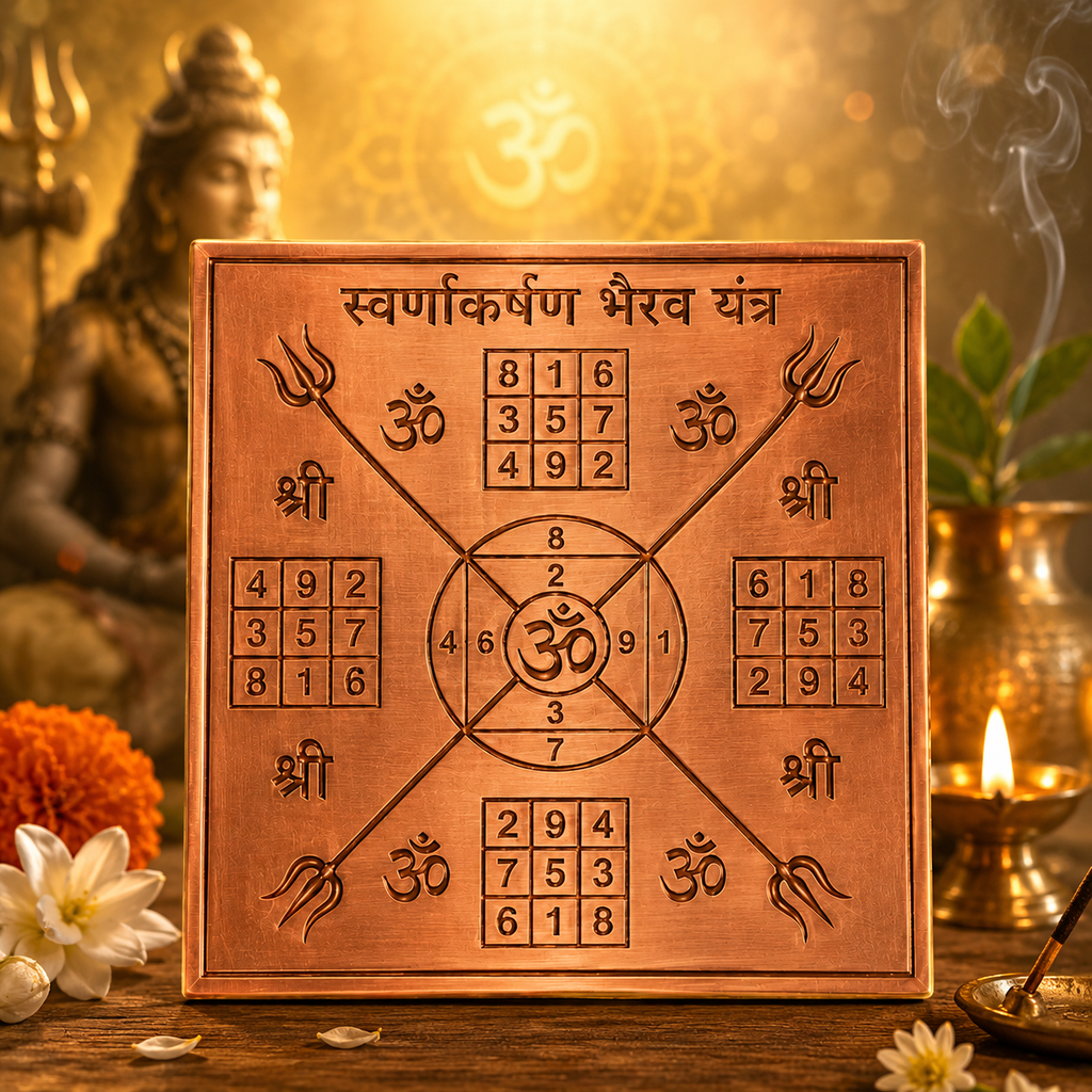 Swarna Akarshana Bhairava Yantra Pure Copper Plate 2x2 Inch by Divyaura