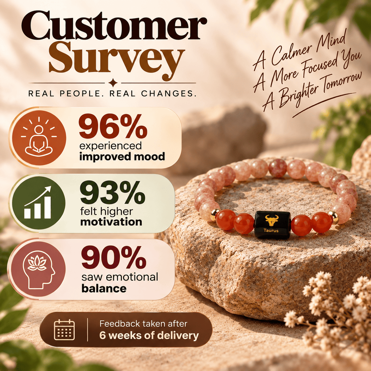 Customer survey showing reported mood, motivation and emotional balance feedback for Taurus bracelet | DivyaZone