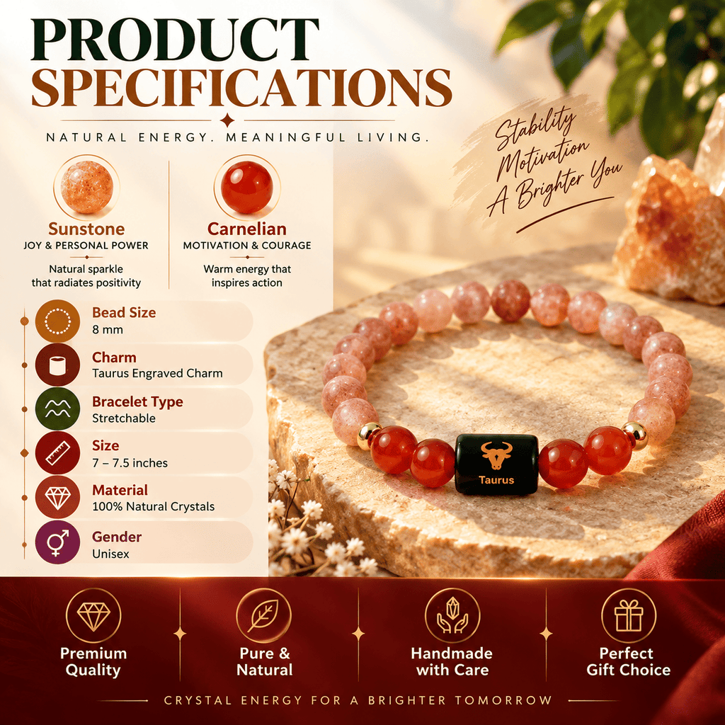 Taurus bracelet product specifications featuring Sunstone, Carnelian, Taurus charm and natural crystals | DivyaZone