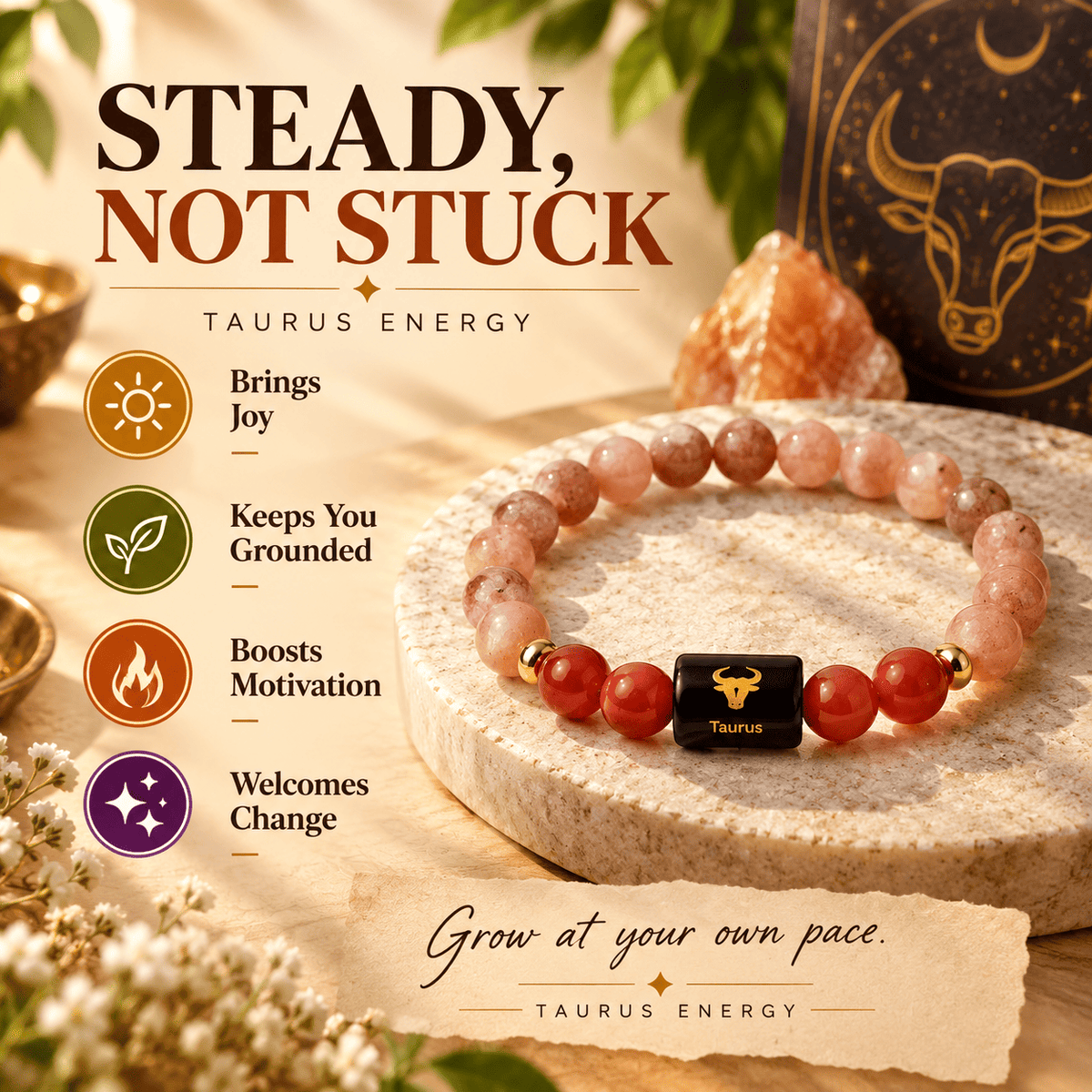 Taurus bracelet highlighting stability, motivation, grounding and personal growth with Sunstone and Carnelian | DivyaZone