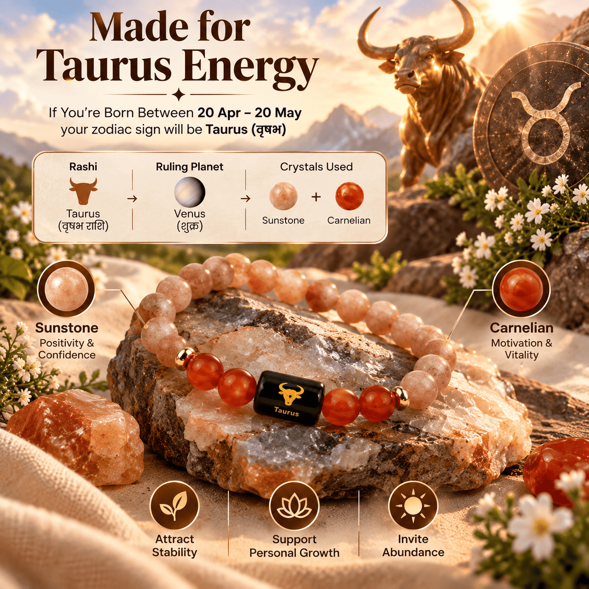 Taurus energy bracelet with Sunstone and Carnelian crystals designed for Taurus zodiac energy | DivyaZone