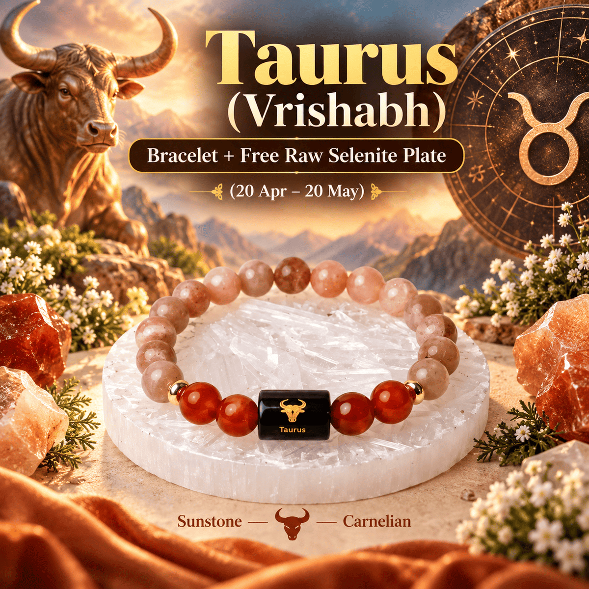 Taurus zodiac bracelet featuring Sunstone and Carnelian crystals with a free raw Selenite plate | DivyaZone