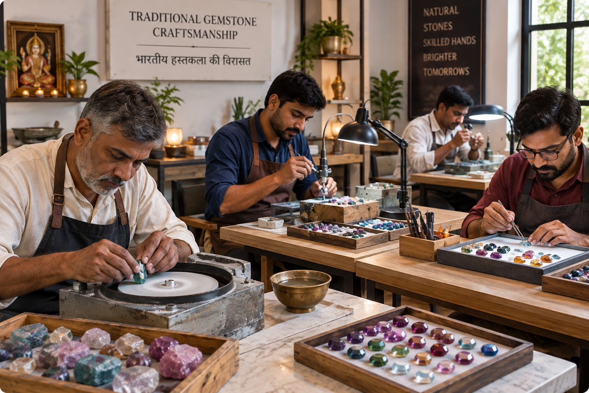 Three gemstone craftsmen work at wooden tables in a well-lit craft studio, carving and polishing stones. Trays of colorful raw gemstones and polished samples are arranged on the tables, with tools and work lamps visible for Divyazone