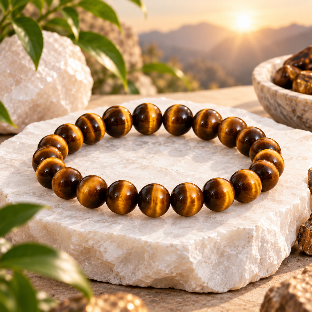 Divyazone Tiger Eye crystal bracelet with polished brown and golden beads displayed on a white stone surface in a premium natural setting.