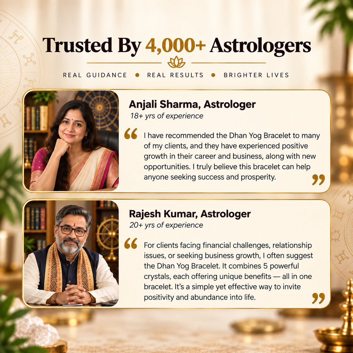 Dhan Yog Bracelet testimonials from astrologers highlighting financial growth, career success, business opportunities, positivity, and prosperity.