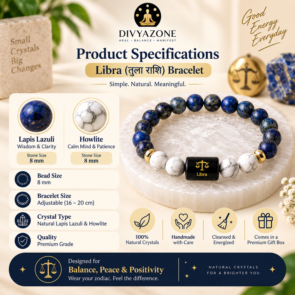 Tula Rashi bracelet product specifications with 8mm natural crystal beads