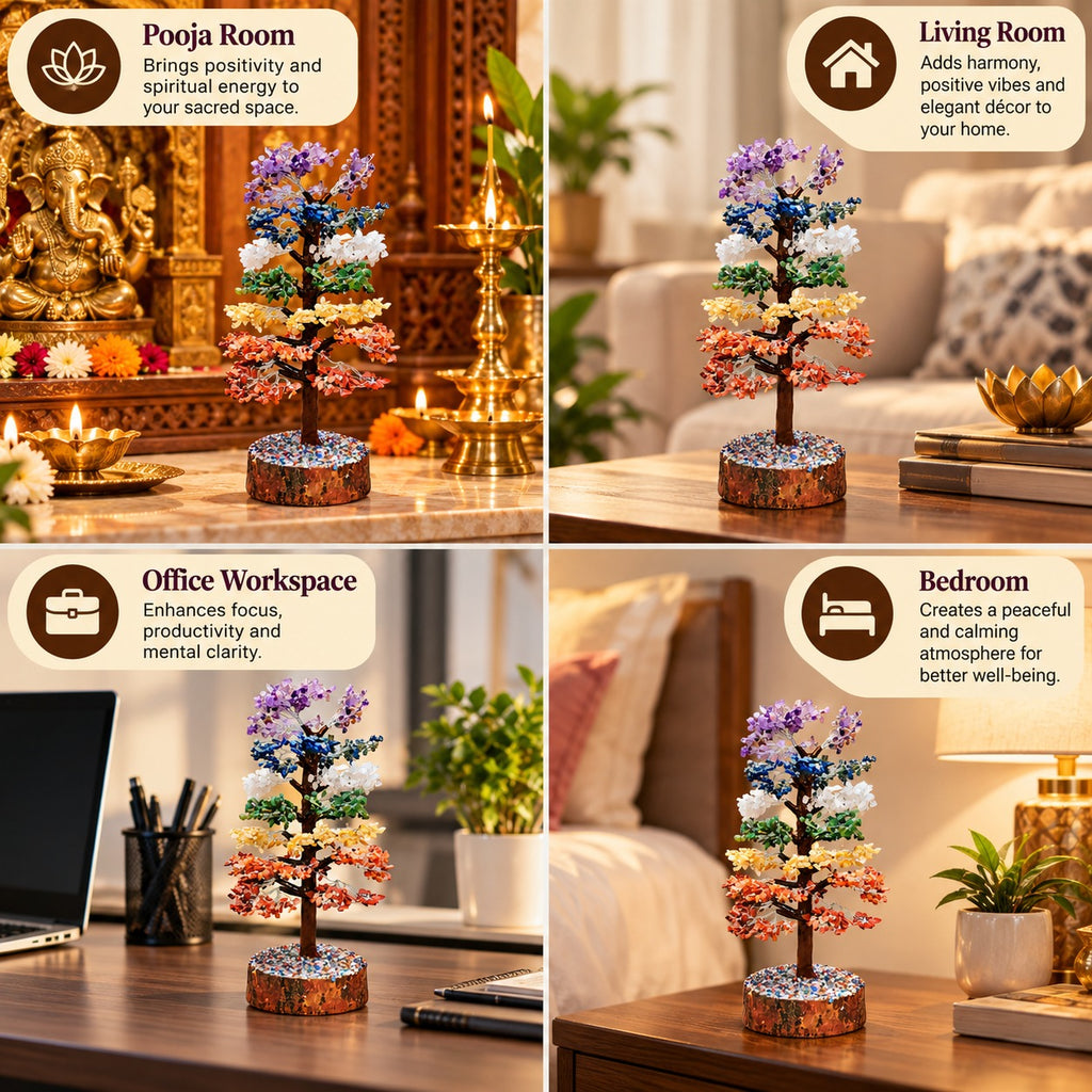 Seven chakra gemstone tree styled across a prayer area, living space, work desk and bedroom setting