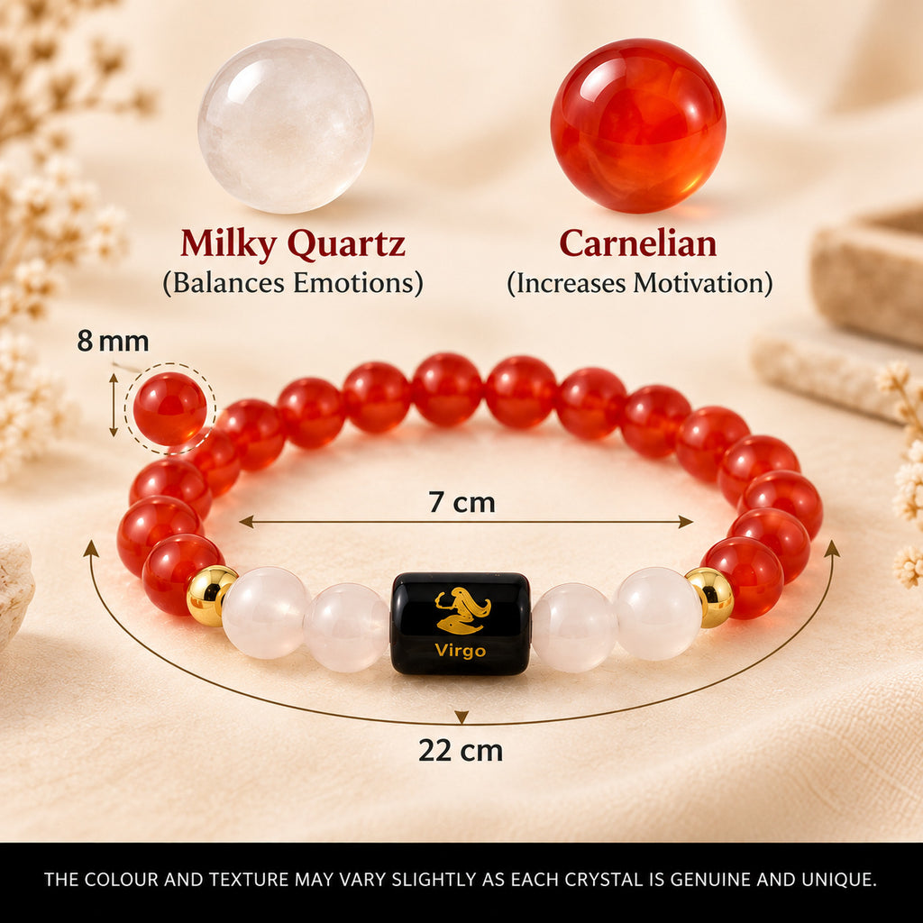 Virgo bracelet showing close-up Carnelian and Milky Quartz crystals, bead size and product dimensions