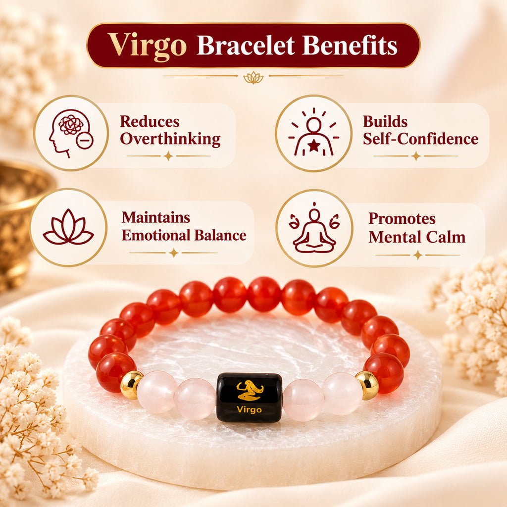 Virgo bracelet showing key benefits including reduced overthinking, self-confidence, emotional balance and mental calm