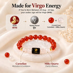 Virgo zodiac bracelet showing Carnelian and Milky Quartz crystals with Virgo Rashi details