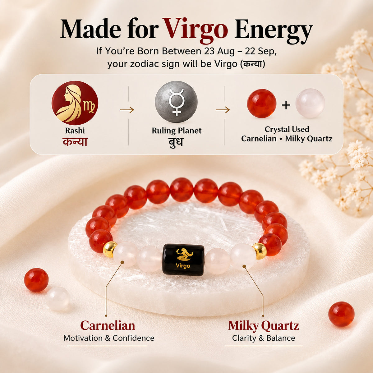 Virgo zodiac bracelet showing Carnelian and Milky Quartz crystals with Virgo Rashi details