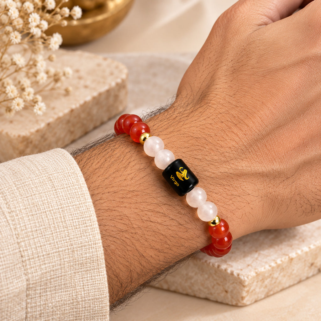 Woman wearing a Virgo Kanya Rashi bracelet with Carnelian and Milky Quartz natural crystal beads