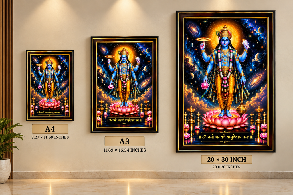 Vishnu Chaturbhuja Wall Art available in A4, A3 and 20 x 30 inch sizes for home temple and wall decor