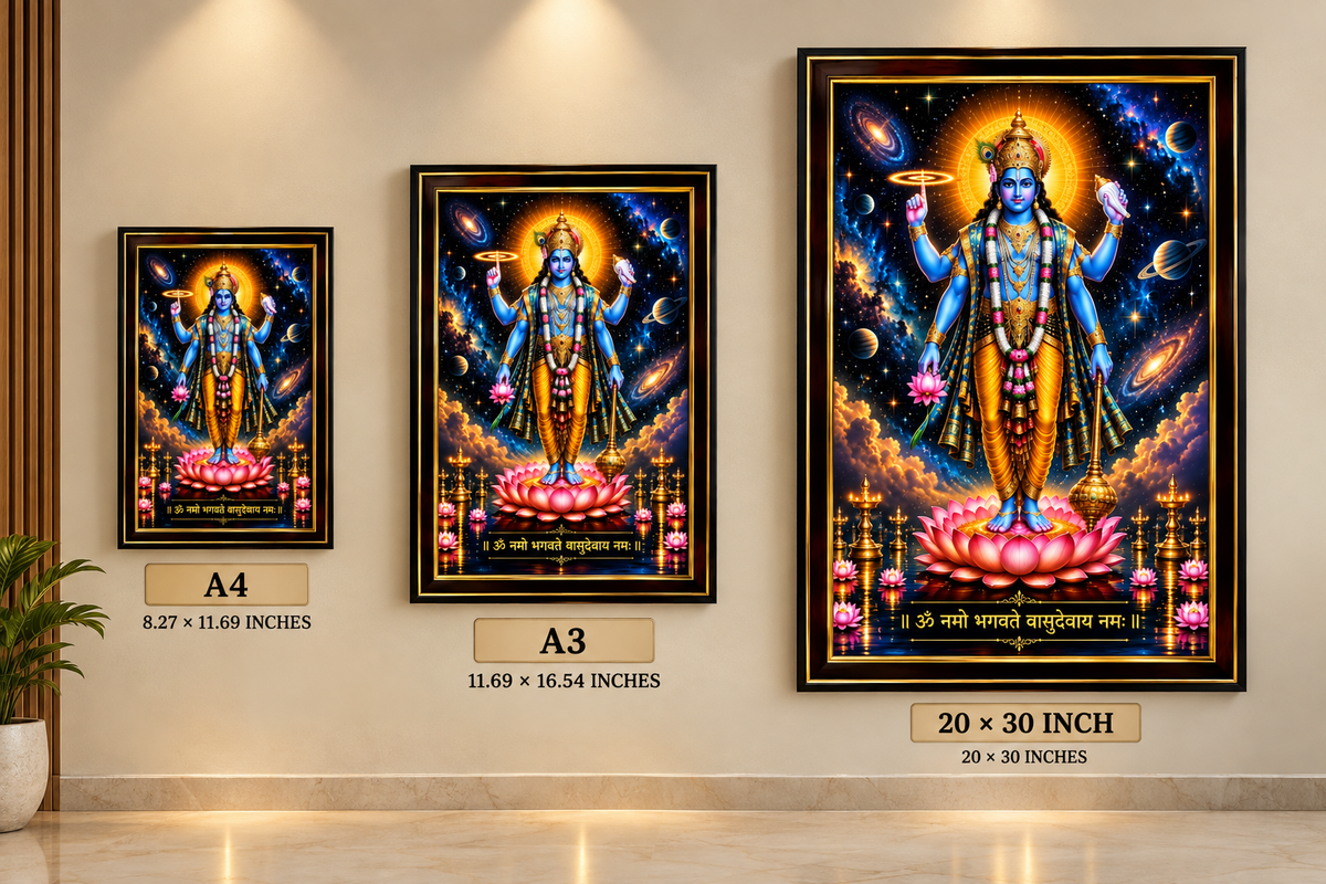 Vishnu Chaturbhuja Wall Art available in A4, A3 and 20 x 30 inch sizes for home temple and wall decor