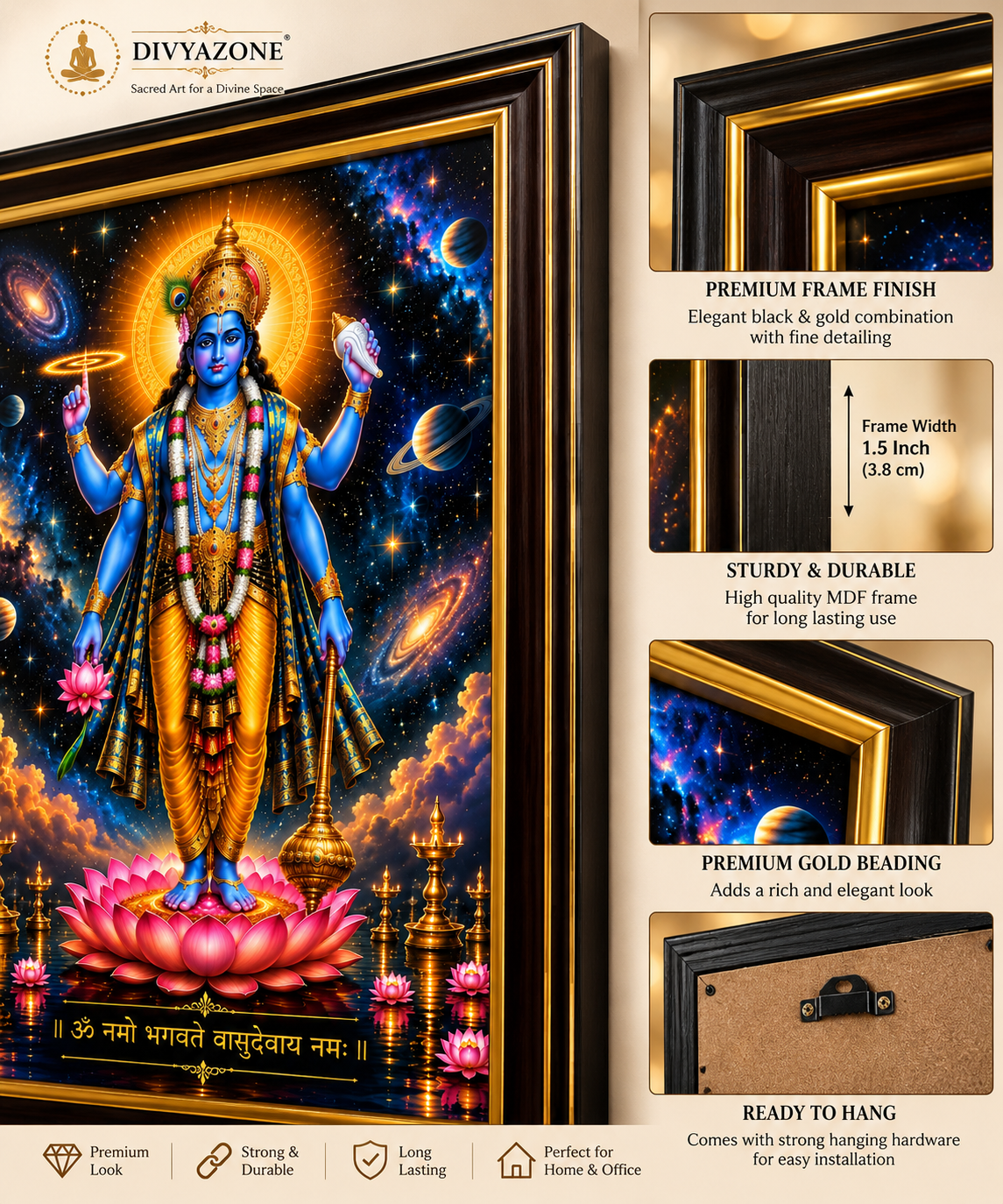 Vishnu Chaturbhuja Wall Art featuring premium black and gold frame with detailed border design
