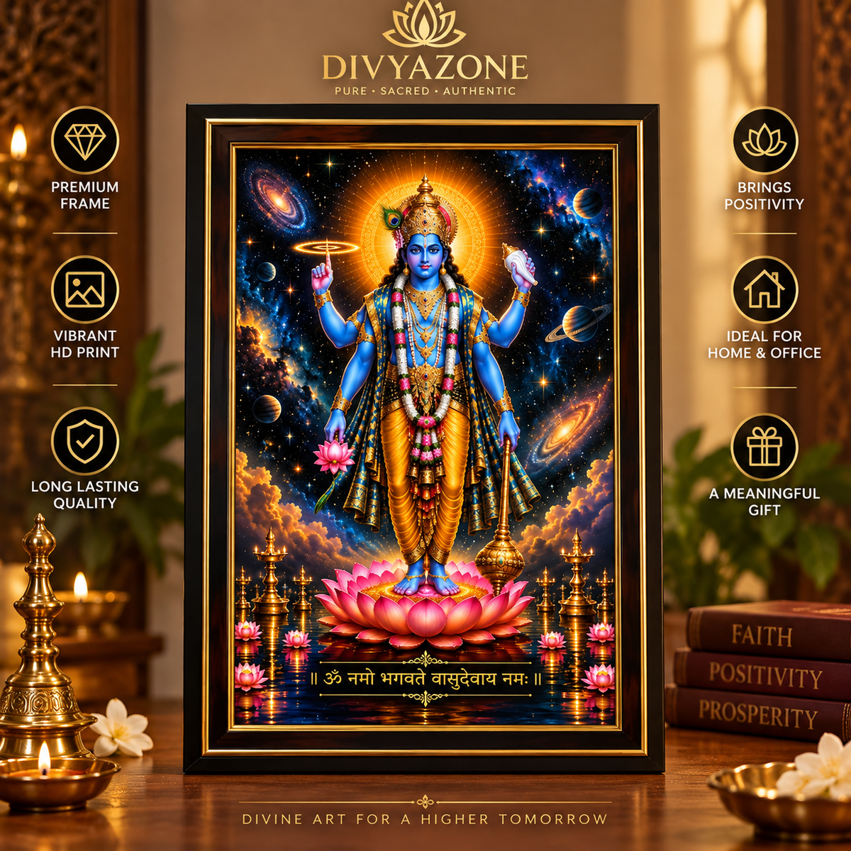 Vishnu Chaturbhuja Wall Art with Lord Vishnu standing on lotus in cosmic background, premium framed religious wall decor