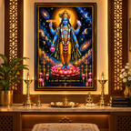 Vishnu Chaturbhuja Wall Art displayed in a premium pooja room with elegant black and gold frame