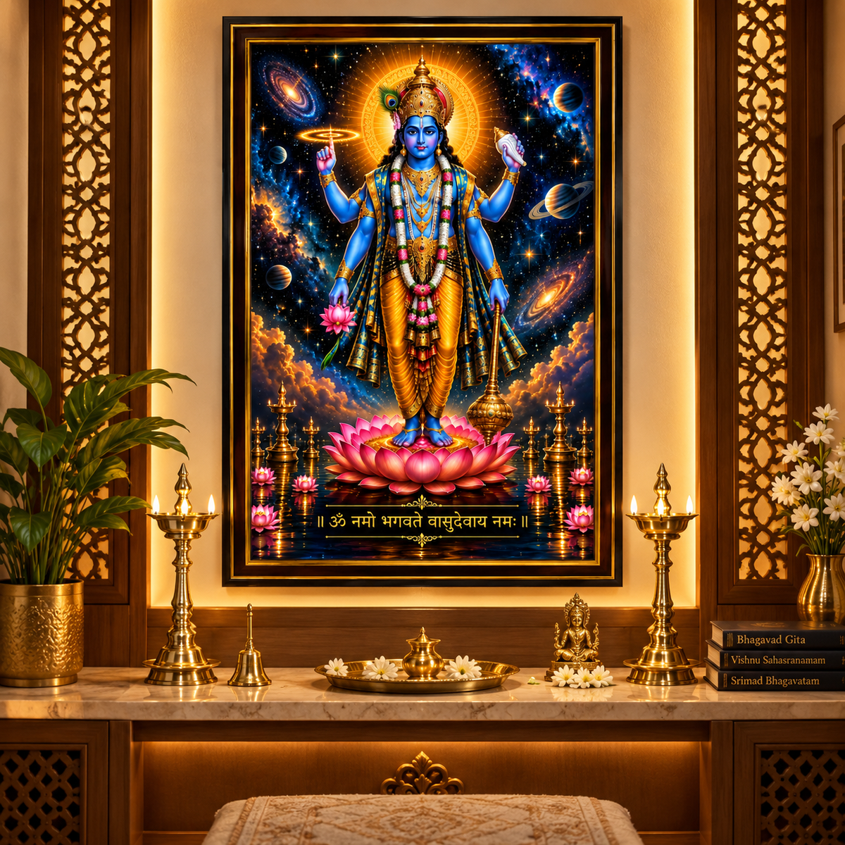 Vishnu Chaturbhuja Wall Art displayed in a premium pooja room with elegant black and gold frame