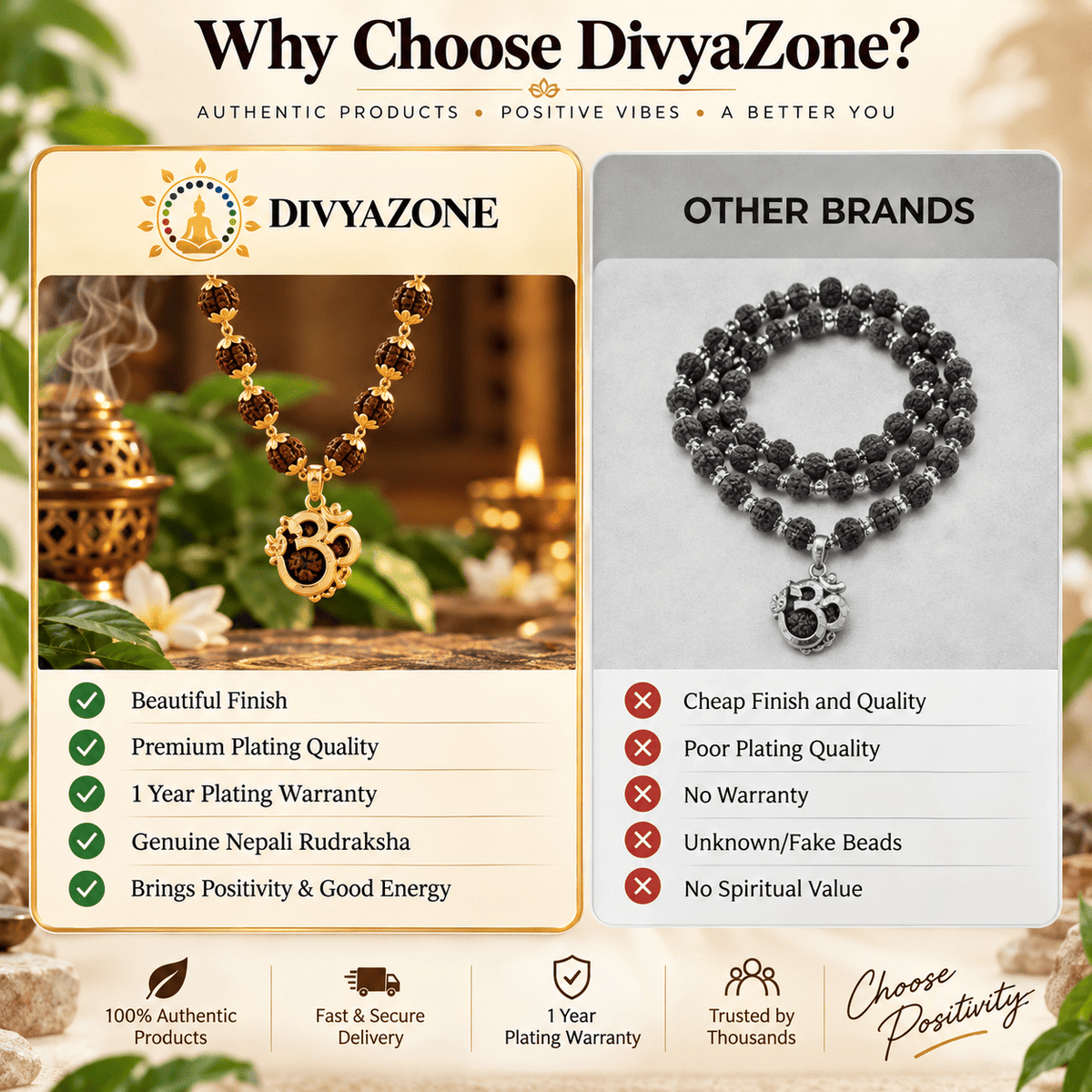 DivyaZone 5 Mukhi Rudraksha pendant comparison highlighting genuine Rudraksha, quality finishing, premium gold plating and warranty