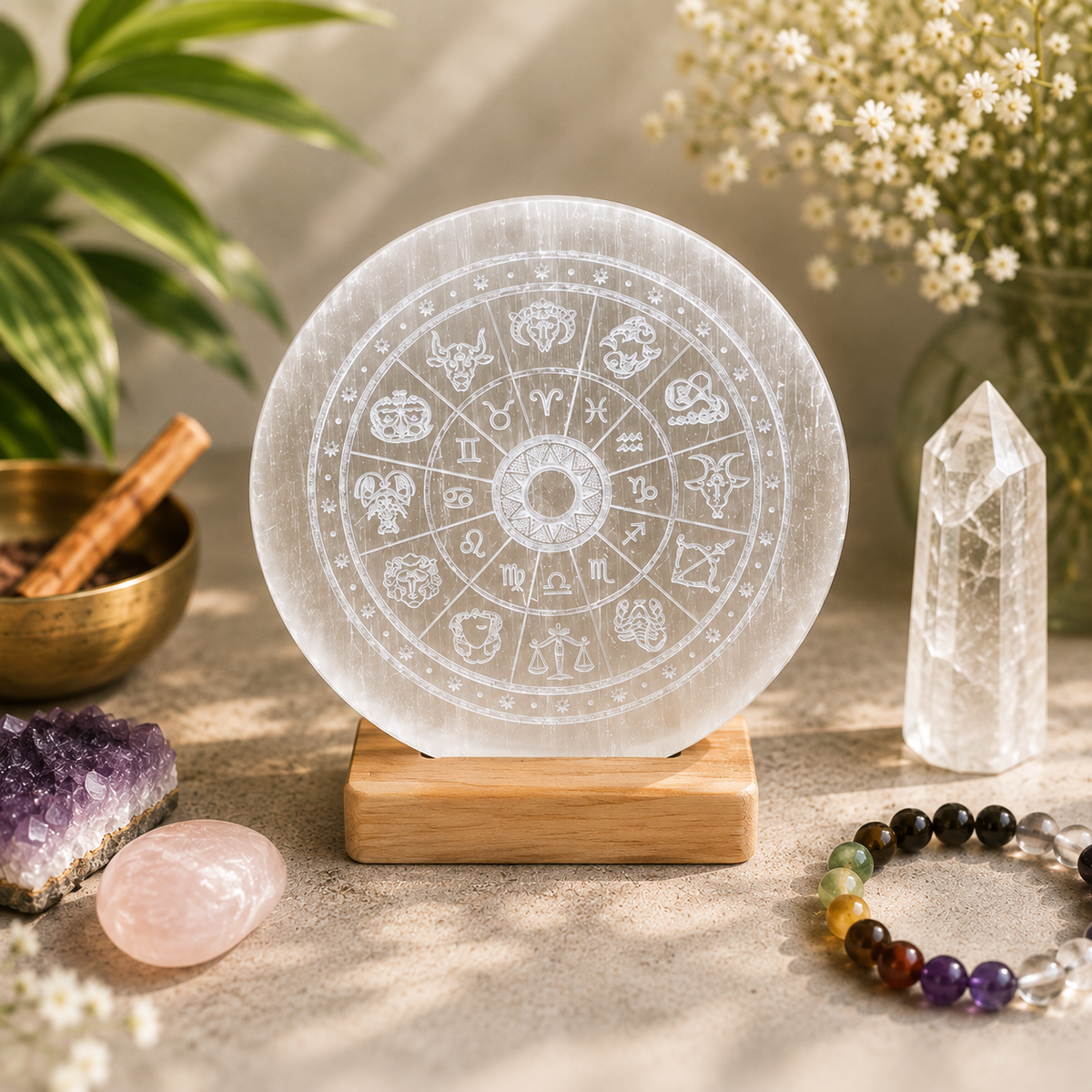 Natural selenite zodiac charging plate with 12 zodiac signs engraving displayed with crystals and spiritual decor