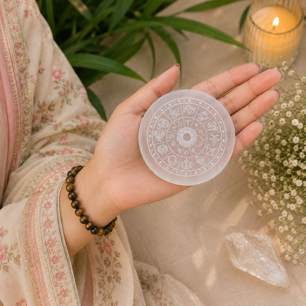 Zodiac selenite charging plate held in a woman's hand with a crystal bracelet in a peaceful spiritual setting