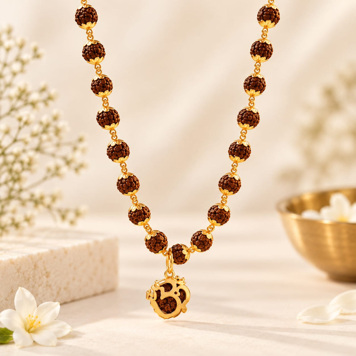Original Rudraksha Mala Chain with Gold Plated Om Pendant for Men
